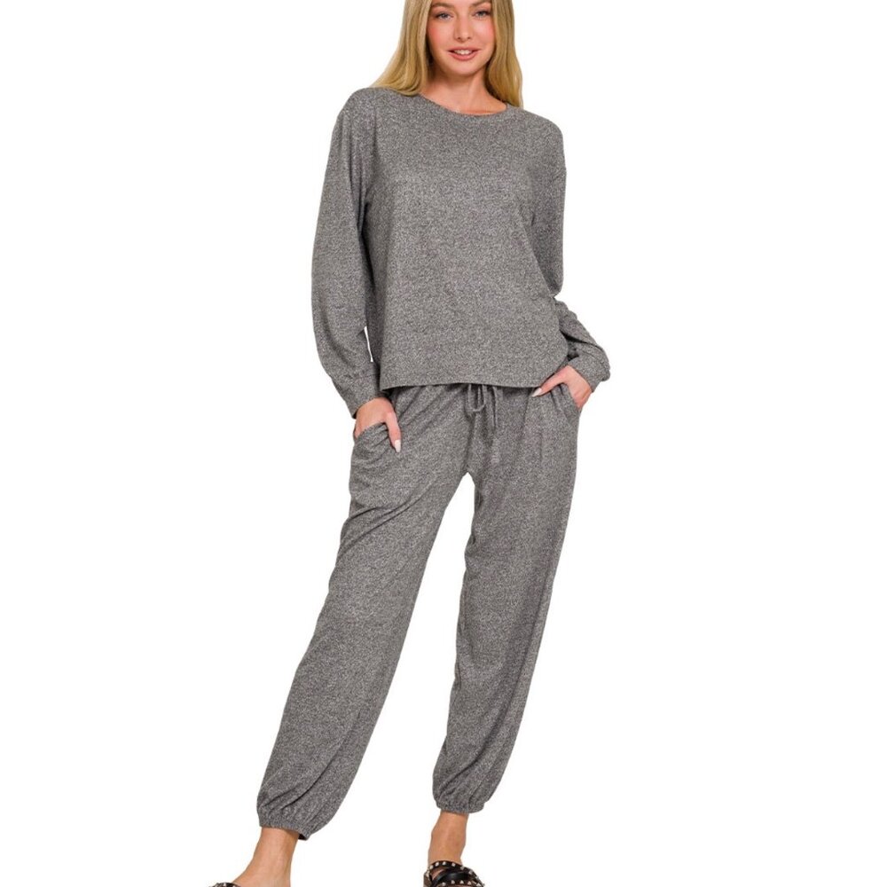 Zenana Soft Melange Hacci Long Sleeve Tee and Joggers Set NEW Black /Small